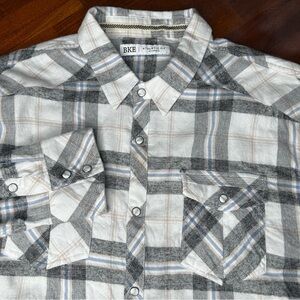 BKE White Black‎ Plaid 100% Long Sleeve Pearl Snap Flannel Shirt Athletic Fit
